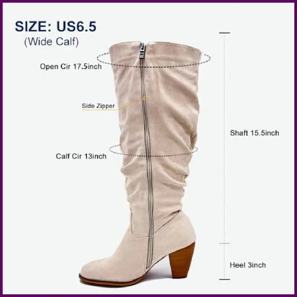 Extra Wide Calf Knee High Boots, Chunky Heel Pointed Toe Side Zipper - Picture 7 of 8